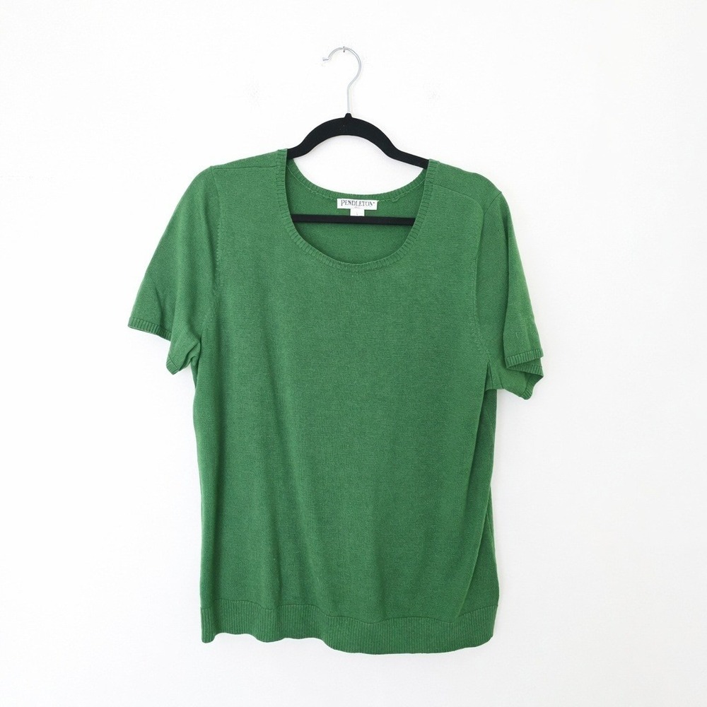 Pendleton Sweater Women Large Tall Green 100% Merino Wool Short Sleeve Top VTG